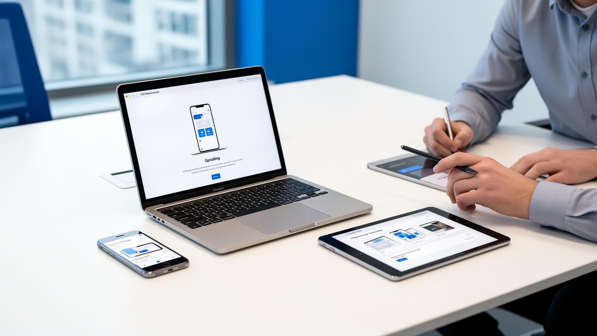 Apple devices being prepared for company deployment on a modern desk